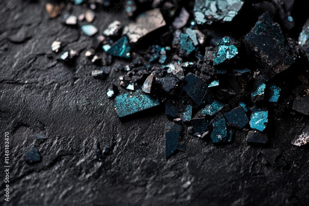 Crushed dark eyeshadow with teal glitter, scattered on a black surface. Crushed dark eyeshadow with teal glitter, scattered on a black surface.