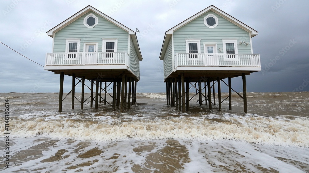Two elevated houses on stilts face a stormy ocean, surrounded by rising waves, showcasing coastal resilience and nature's power.