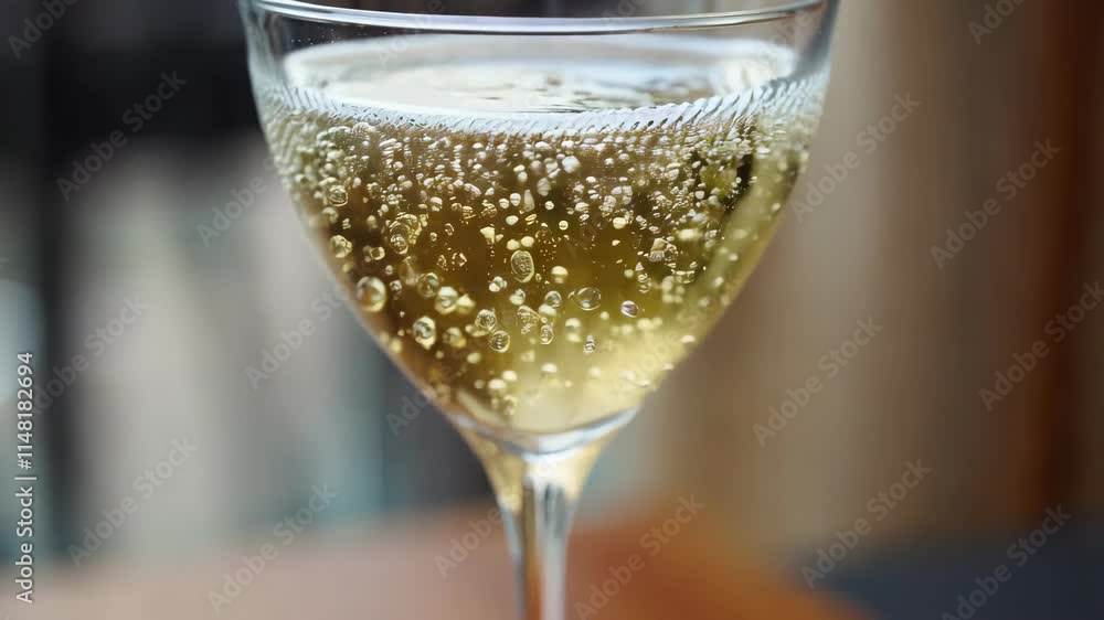 Effervescent bubbly champagne closeup highlighting sparkling glass movement