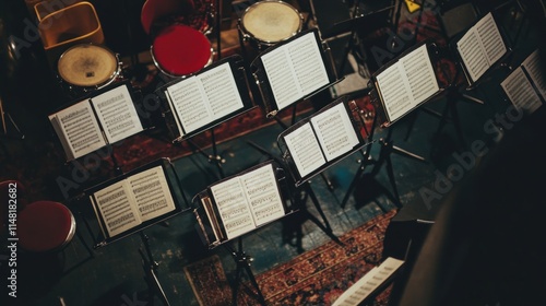 Overhead view of music stands with sheet music on a stage, before an orchestra performance. photo