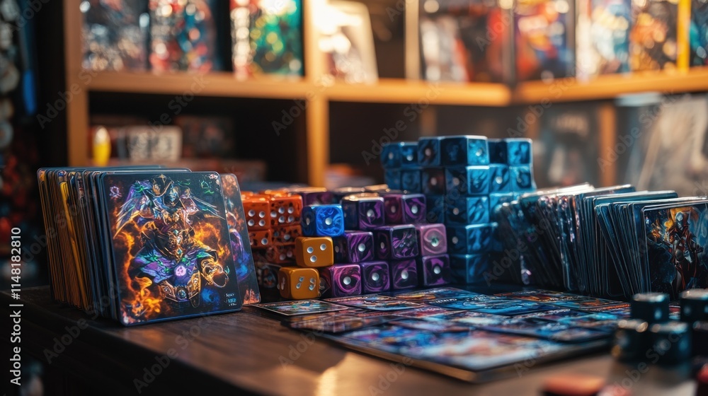 Tabletop gaming supplies; dice, cards, and game components displayed on a wooden table in a comic book store. Tabletop gaming supplies; dice, cards, and game components displayed on a wooden table in a comic book store.