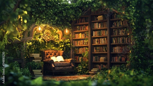 Enchanting outdoor library nook with armchair, bookshelves, and lush greenery.