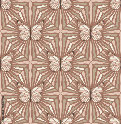 Seamless pattern of elegant butterflies with mocha-toned abstract radiating stripes