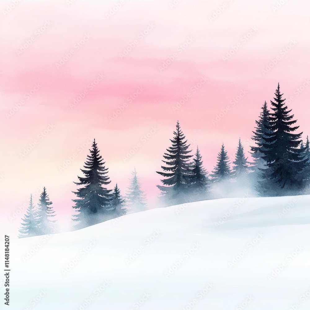 Fototapeta premium Snowy landscape with pine trees and pink sky in watercolor