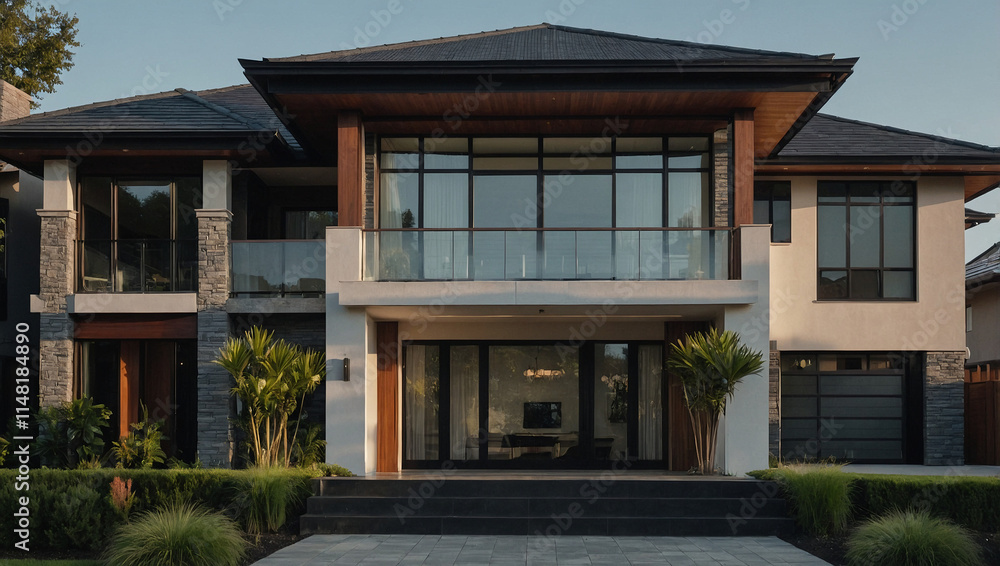 Obraz premium Contemporary Two-Story House with Stone Accents and Balcony