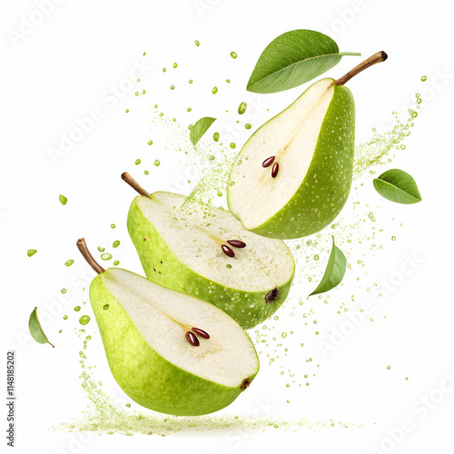 Green pear slices hovering in a crisp and artistic mid-air display with fresh vibrant tones