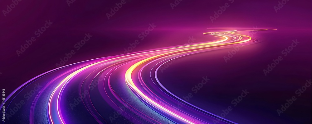 Abstract glowing purple and pink light trails curving on dark background.