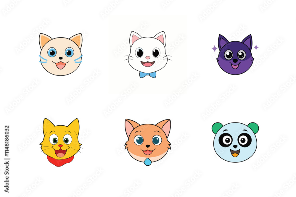 Cute Cat Face Vector Sticker Set - Perfect for Logos, Icons, and Illustrations Cute Cat Face Vector Sticker Set - Perfect for Logos, Icons, and Illustrations