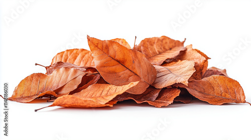 A pile of brown leaves on a white background.