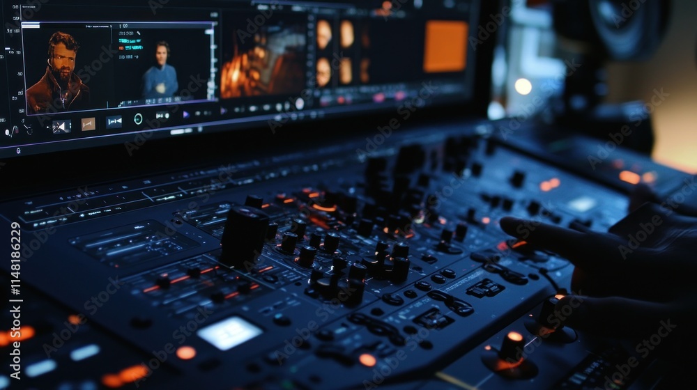 Close-up of hands editing video on a professional mixing console with a computer screen displaying video footage. Close-up of hands editing video on a professional mixing console with a computer screen displaying video footage.