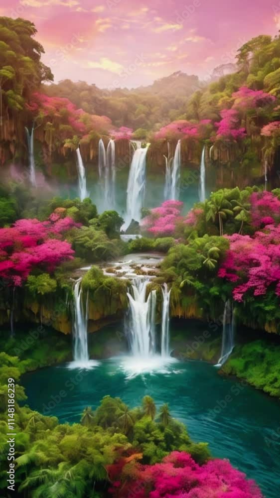 A series of floating islands suspended in the sky, with waterfalls down into an endless misty abyss. Clouds and vibrant rainbows wrap islands, 4k High-Quality Wallpaper Background Animation Video A series of floating islands suspended in the sky, with waterfalls down into an endless misty abyss. Clouds and vibrant rainbows wrap islands, 4k High-Quality Wallpaper Background Animation Video