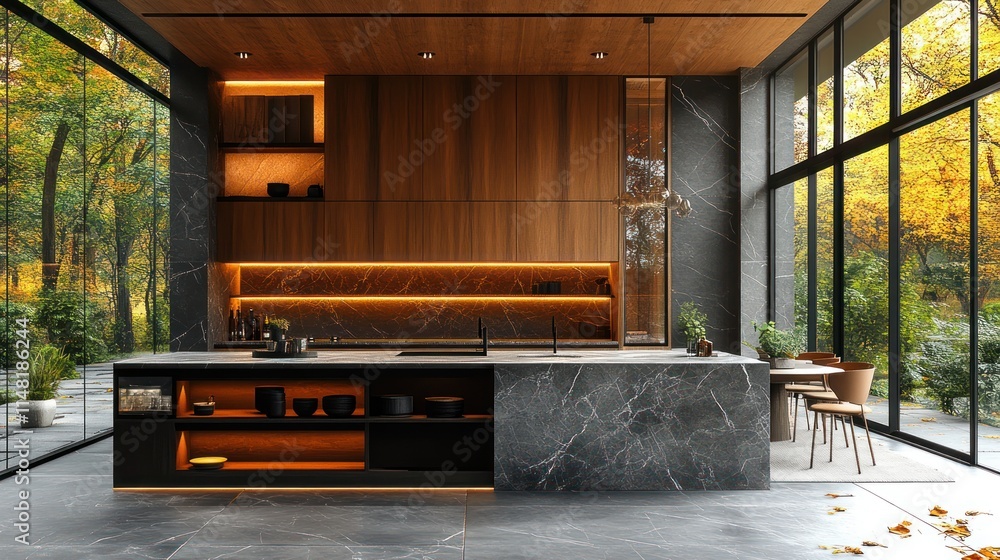 Modern kitchen with dark wood, marble island, and autumnal forest view. Modern kitchen with dark wood, marble island, and autumnal forest view.
