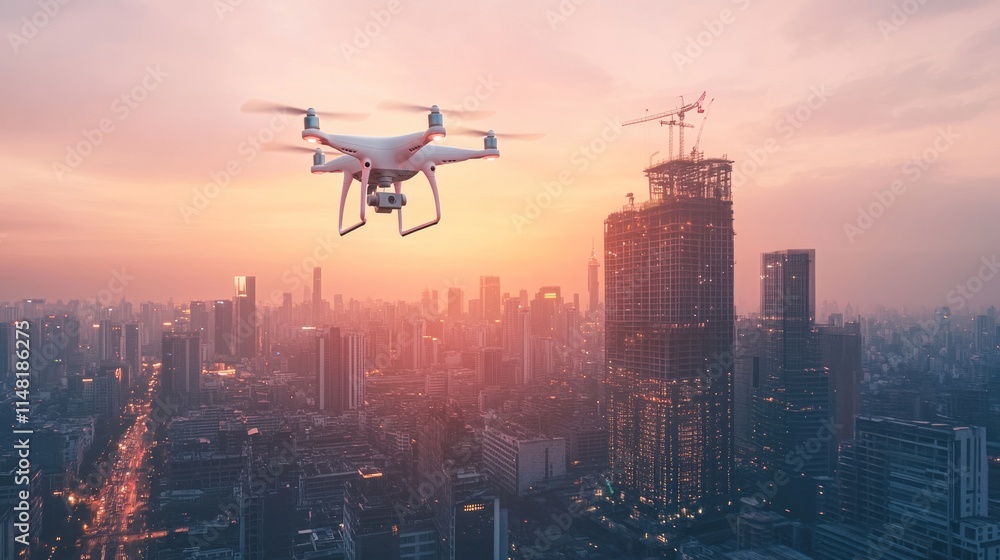 Drone flying over city skyline at sunset. Drone flying over city skyline at sunset.