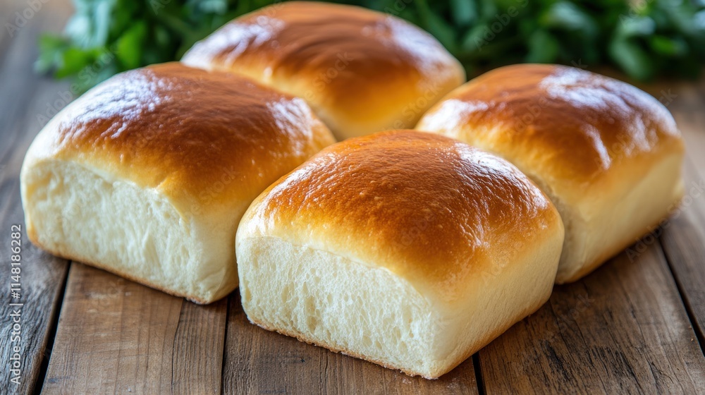 Four golden-brown, soft dinner rolls on rustic wooden surface, garnished with parsley. Four golden-brown, soft dinner rolls on rustic wooden surface, garnished with parsley.