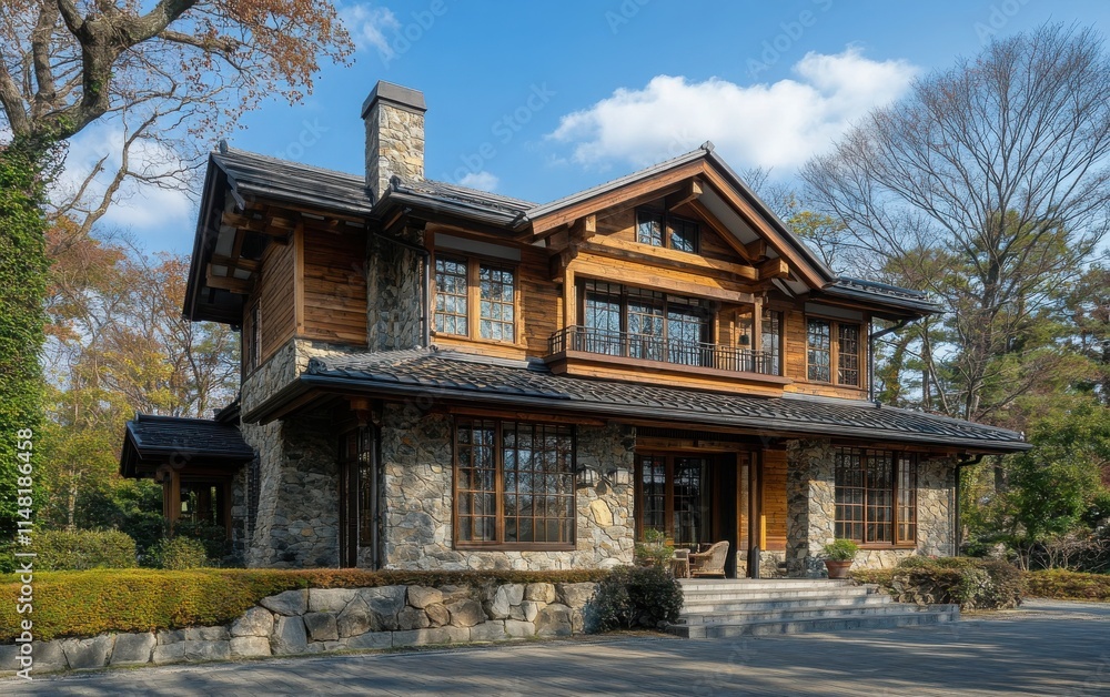 Architectural photography of a two-story American-style house with wooden and stone elements, located in Fuji Spring Park, Japan Architectural photography of a two-story American-style house with wooden and stone elements, located in Fuji Spring Park, Japan