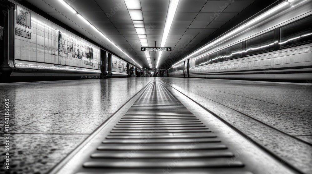 Subway platform perspective, monochrome, showing long tunnel with train and advertisements. Subway platform perspective, monochrome, showing long tunnel with train and advertisements.
