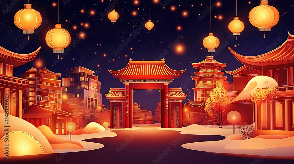 Illuminated Chinese cityscape at night, featuring traditional architecture, lanterns, and a festive atmosphere. Illuminated Chinese cityscape at night, featuring traditional architecture, lanterns, and a festive atmosphere.