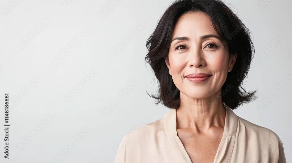 Confident Japanese Woman in Beige Blouse Smiling Gracefully Against White Background Confident Japanese Woman in Beige Blouse Smiling Gracefully Against White Background