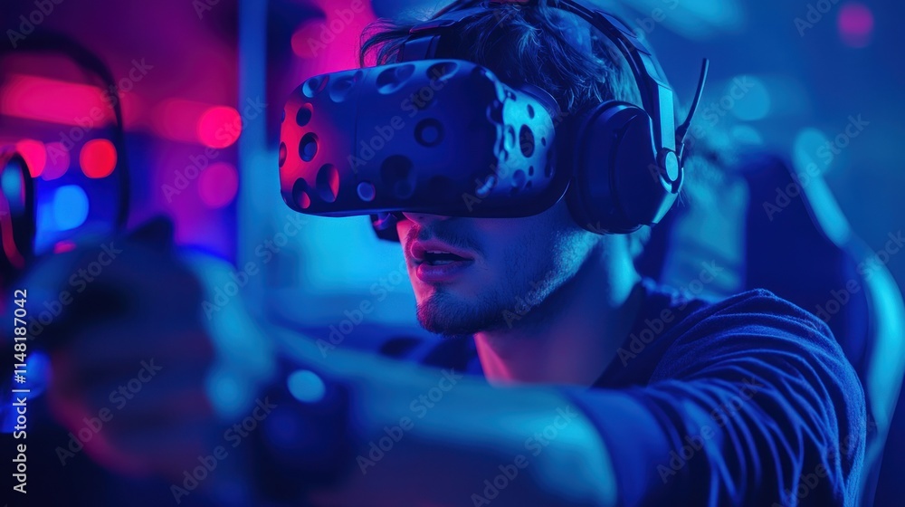 custom made wallpaper toronto digitalYoung man engrossed in VR gaming, illuminated by vibrant neon lights.