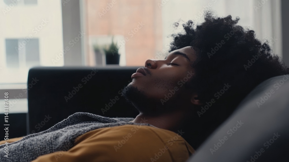 Fototapeta premium Tired individual resting on couch, reflecting on life's challenges and the need for relaxation and rejuvenation.