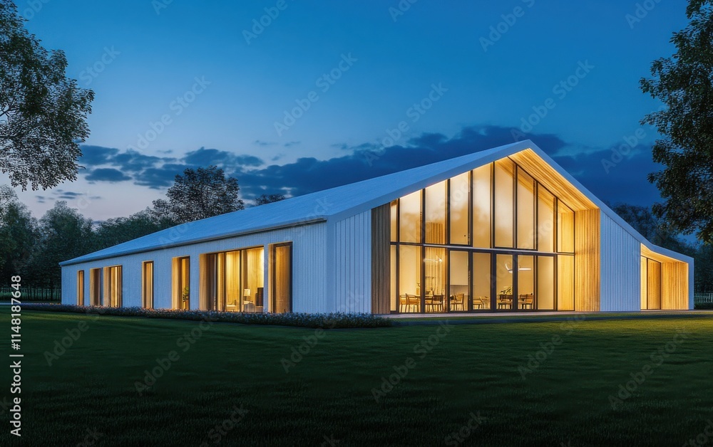 Ultra-realistic 3D rendering of a modern house with white concrete walls, wooden cladding, and large windows, illuminated at night. Ultra-realistic 3D rendering of a modern house with white concrete walls, wooden cladding, and large windows, illuminated at night.