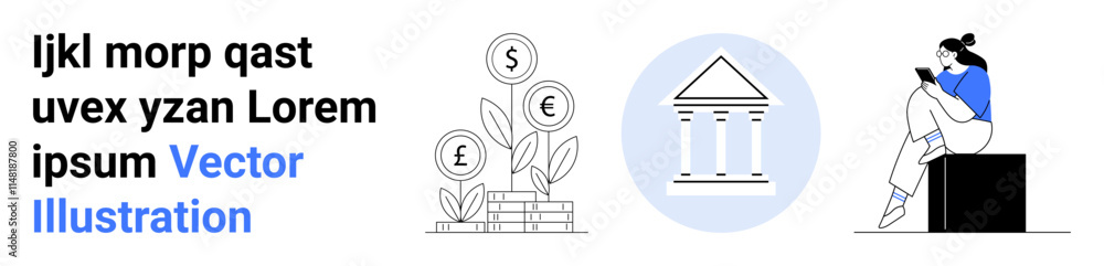 Fototapeta premium Person using smartphone near banking icon and money plant with currency symbols. Ideal for digital banking, financial growth, online investment, personal finance management, mobile banking, fintech