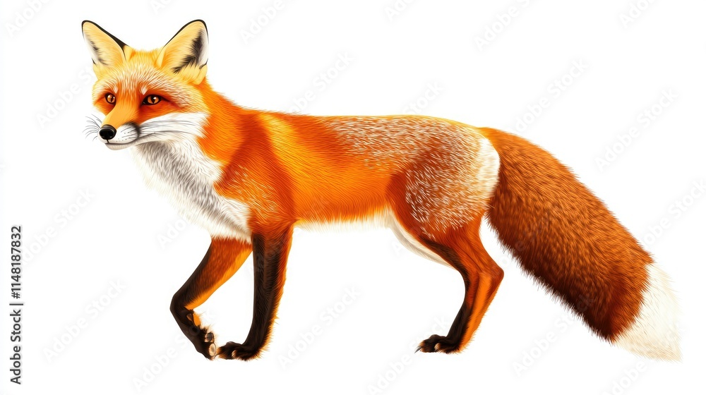 Obraz premium Realistic Illustration of a Beautiful Red Fox Walking Gracefully on a White Background, Capturing the Essence of Nature and Wildlife in a Stunning Artistic Representation