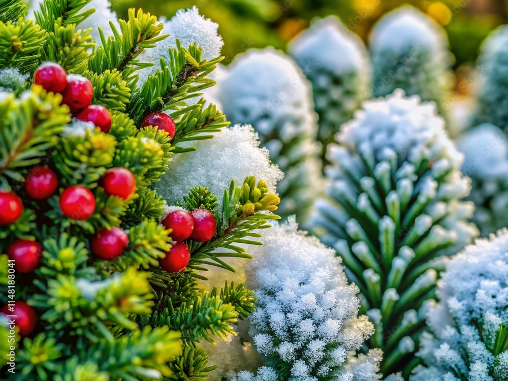 Macro Christmas Background: Snow Covered Tree & Boxwood, Festive Winter Wonderland, Holiday Season Photography Macro Christmas Background: Snow Covered Tree & Boxwood, Festive Winter Wonderland, Holiday Season Photography