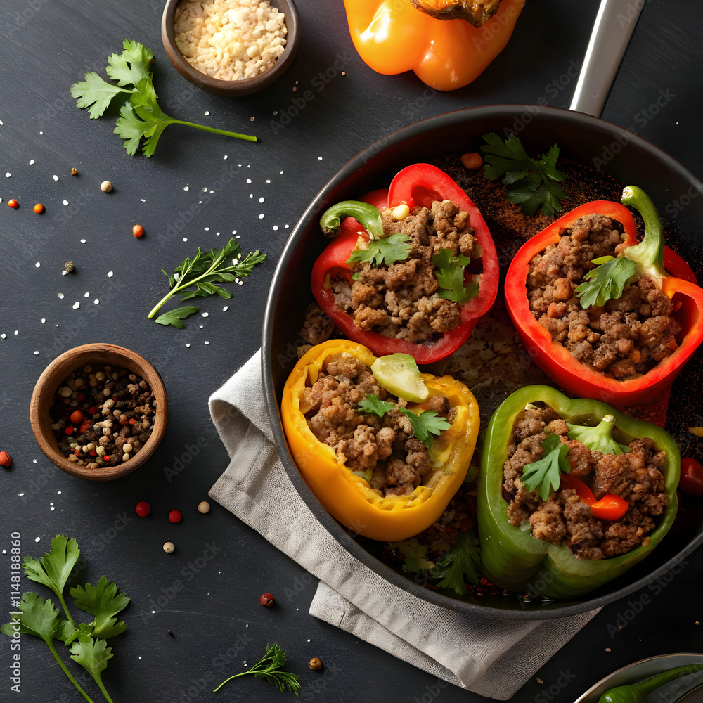 top view cooked bell peppers with ground meat top view cooked bell peppers with ground meat