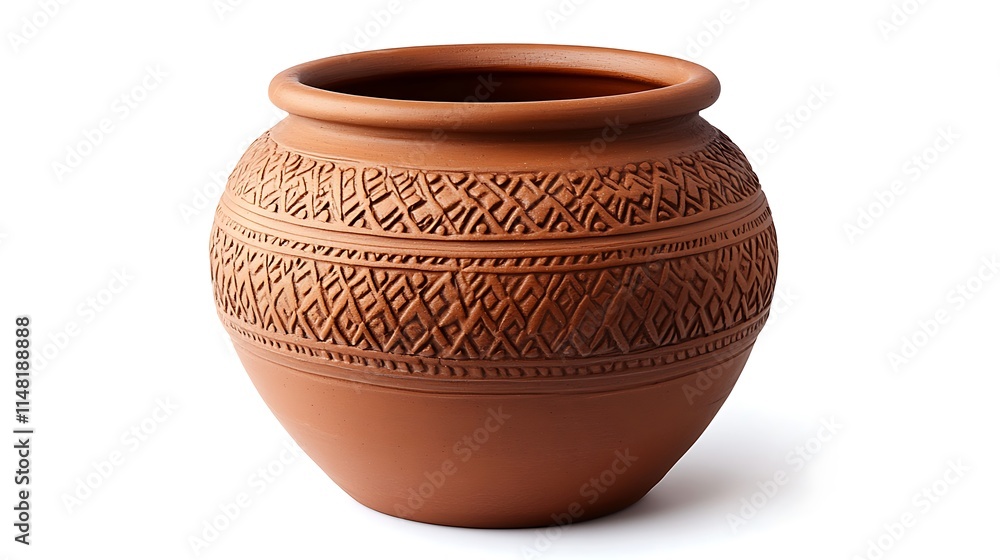 A terracotta pot with an etched, geometric pattern on a white background. A terracotta pot with an etched, geometric pattern on a white background.