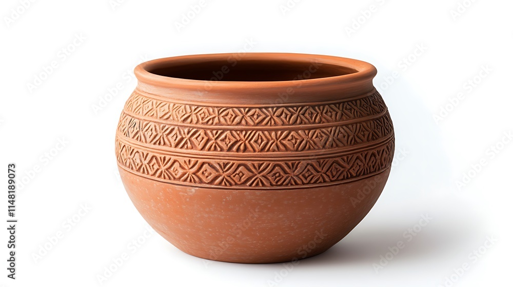 A terracotta pot with a raised geometric pattern appears to be a piece of artwork A terracotta pot with a raised geometric pattern appears to be a piece of artwork