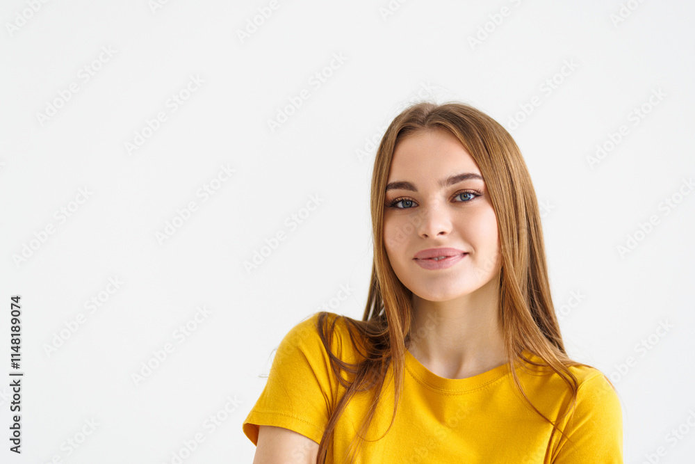 Portrait of woman standing cute against white background. Portrait of woman standing cute against white background.
