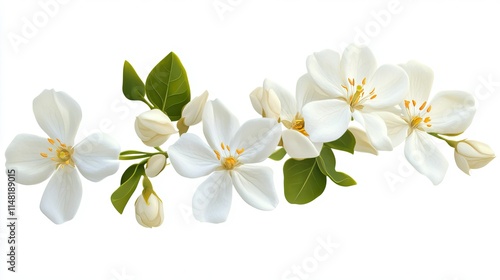 Beautiful and Delicate White Flowers with Green Leaves Arranged Elegantly on a White Background, Perfect for Nature-Inspired Designs and Floral Themes