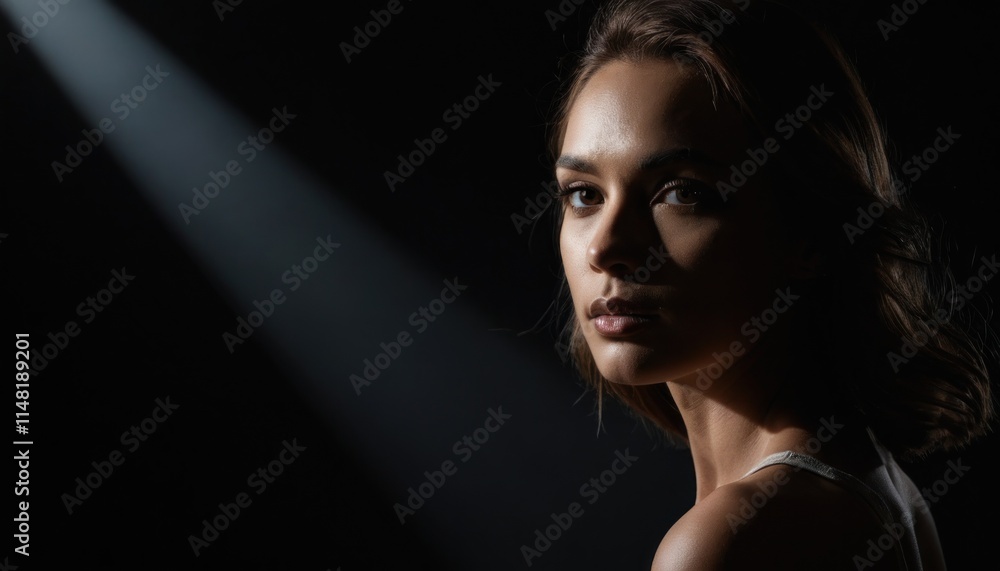 Naklejka premium A model in a dark studio, with harsh, angled lighting that casts bold shadows and highlights their features.