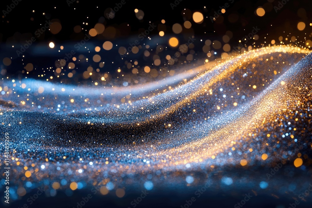 Abstract image of glittering, wavy particles in blue and gold, creating a luxurious and festive atmosphere. Abstract image of glittering, wavy particles in blue and gold, creating a luxurious and festive atmosphere.