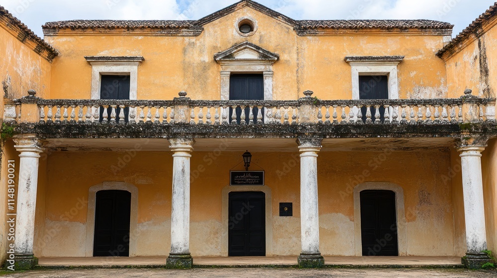 Old colonial style building with yellow facade, white columns, and dark wooden doors and windows. Old colonial style building with yellow facade, white columns, and dark wooden doors and windows.