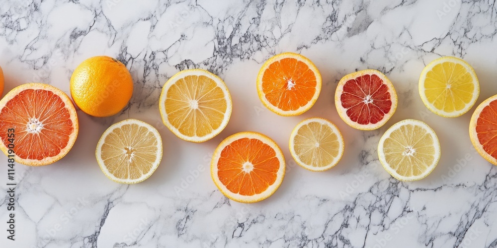 A row of oranges and grapefruits on a marble countertop A row of oranges and grapefruits on a marble countertop