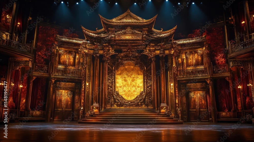 Obraz premium Ornate golden stage set with Asian architectural elements, lit by spotlights.