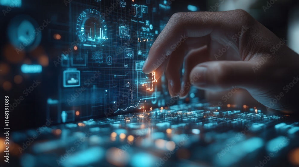 A hand interacts with a digital interface displaying data and analytics. A hand interacts with a digital interface displaying data and analytics.