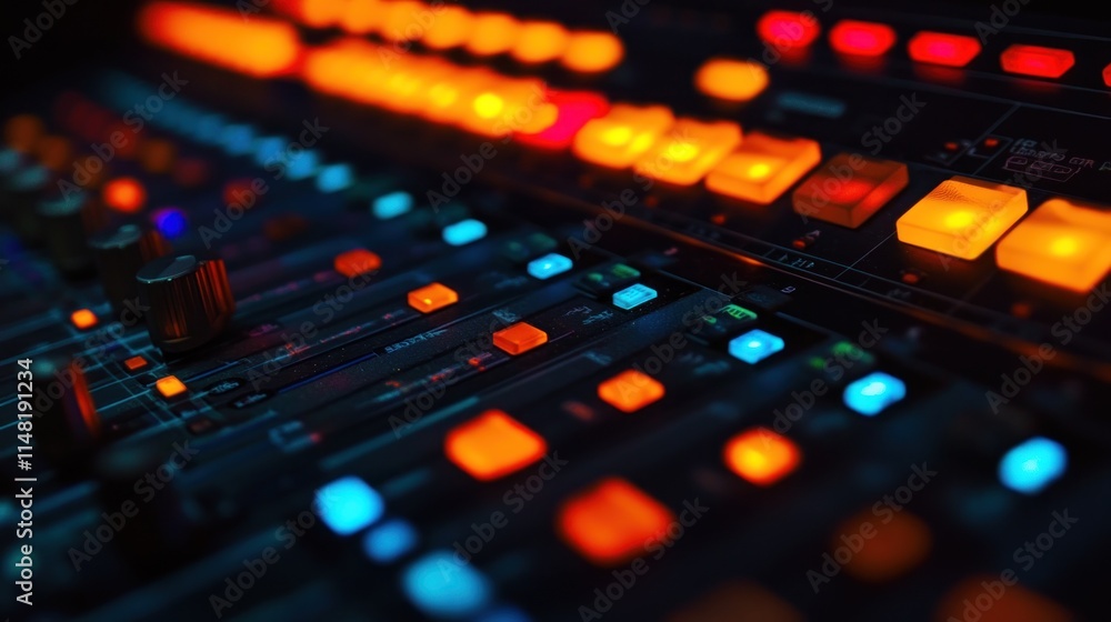 Close-up of illuminated audio mixing console with faders and buttons. Close-up of illuminated audio mixing console with faders and buttons.