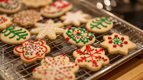 Christmas cookies that have just been prepared and are cooling on an aluminum perch