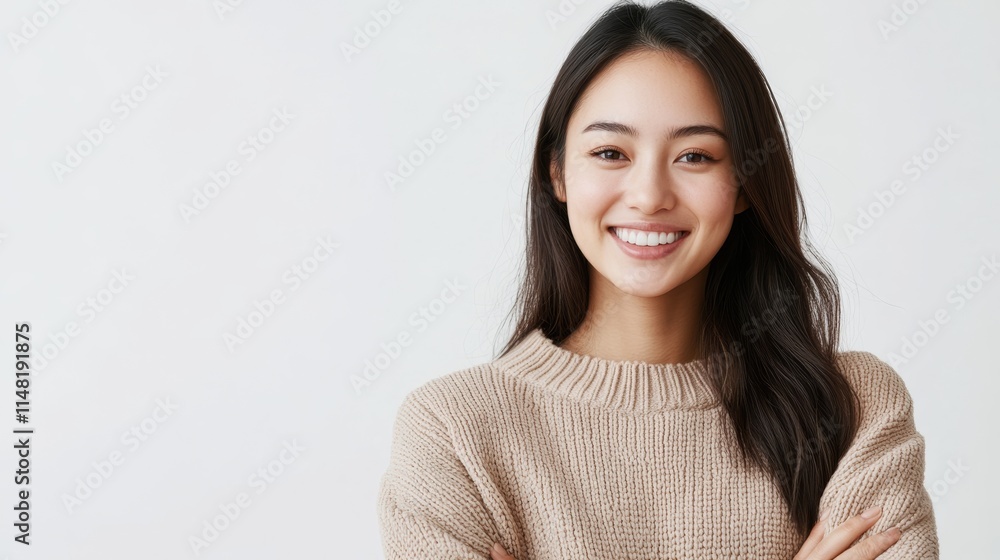 Confident Japanese Woman in Late Thirties Smiling Brightly in Stylish Attire on White Background Confident Japanese Woman in Late Thirties Smiling Brightly in Stylish Attire on White Background