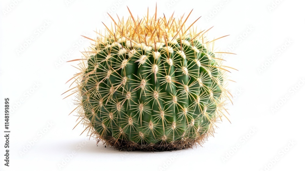 Close-Up of a Beautiful Round Cactus with Stunning Spines on a White Background for Interior Decoration and Nature Enthusiasts Close-Up of a Beautiful Round Cactus with Stunning Spines on a White Background for Interior Decoration and Nature Enthusiasts