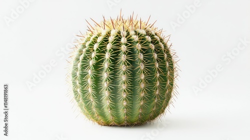 Round Green Cactus with Sharp Spines Against a Light Background, Featuring a Symmetrical Shape that Highlights Nature Unique Beauty and Resilience