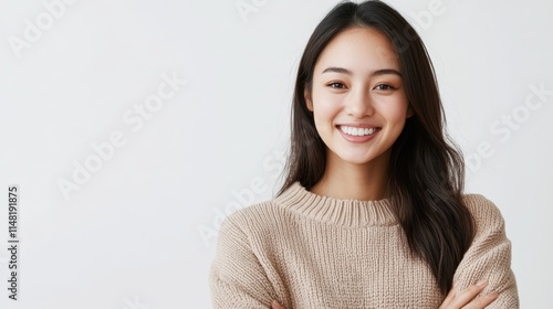 Confident Japanese Woman in Late Thirties Smiling Brightly in Stylish Attire on White Background