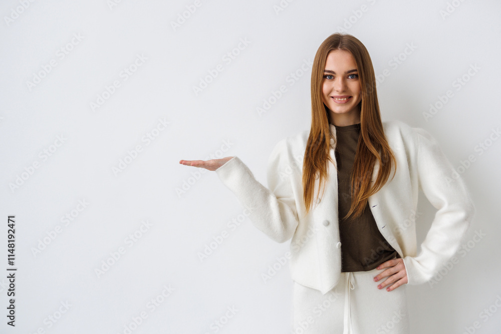 Portrait of a happy woman holding copy space on the palm isolated on a white background Portrait of a happy woman holding copy space on the palm isolated on a white background