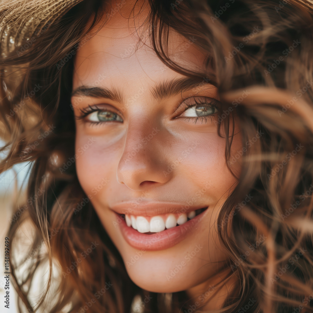 Captivating Portrait Photograph of a Smiling Woman with Wavy Hair and Sun Hat Perfect for Lifestyle and Beauty Content Captivating Portrait Photograph of a Smiling Woman with Wavy Hair and Sun Hat Perfect for Lifestyle and Beauty Content