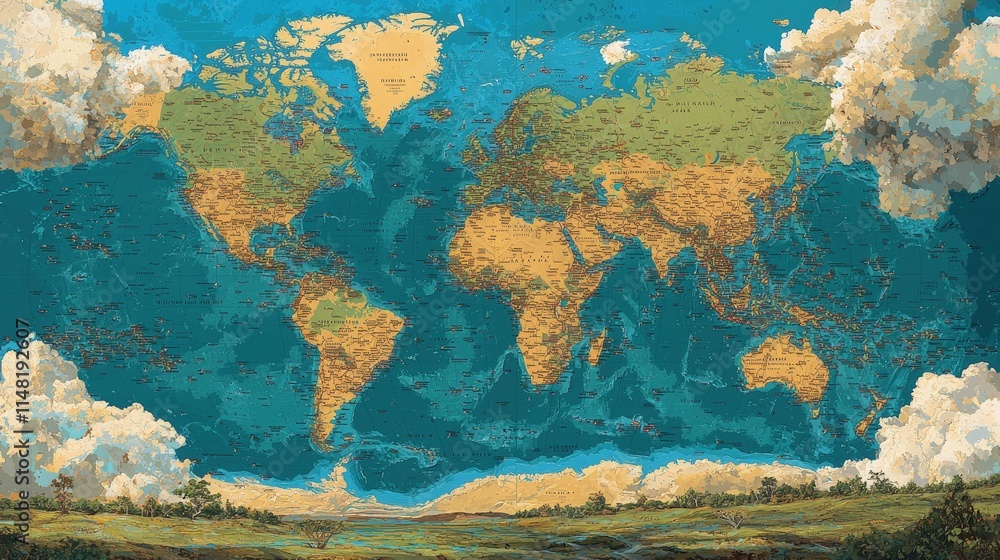 Fototapeta Artistic world map illustration with clouds and landscape.