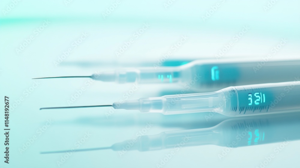 Close-up of two sterile syringes with visible fluid levels on a reflective surface. Close-up of two sterile syringes with visible fluid levels on a reflective surface.