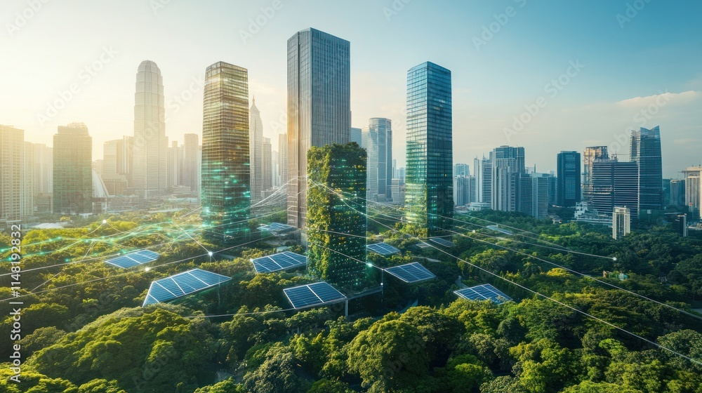 Obraz premium Eco-friendly city skyline with green spaces, solar panels, and digital network connections.
